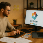 Desainer profesional bekerja di studio modern dengan konsep desain kreatif.