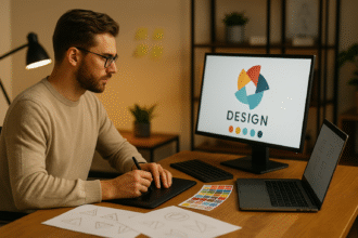 Desainer profesional bekerja di studio modern dengan konsep desain kreatif.