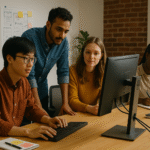 Mahasiswa dan siswa SMK berkolaborasi di studio desain digital modern dengan komputer dan papan ide.