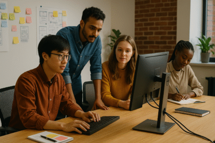 Mahasiswa dan siswa SMK berkolaborasi di studio desain digital modern dengan komputer dan papan ide.