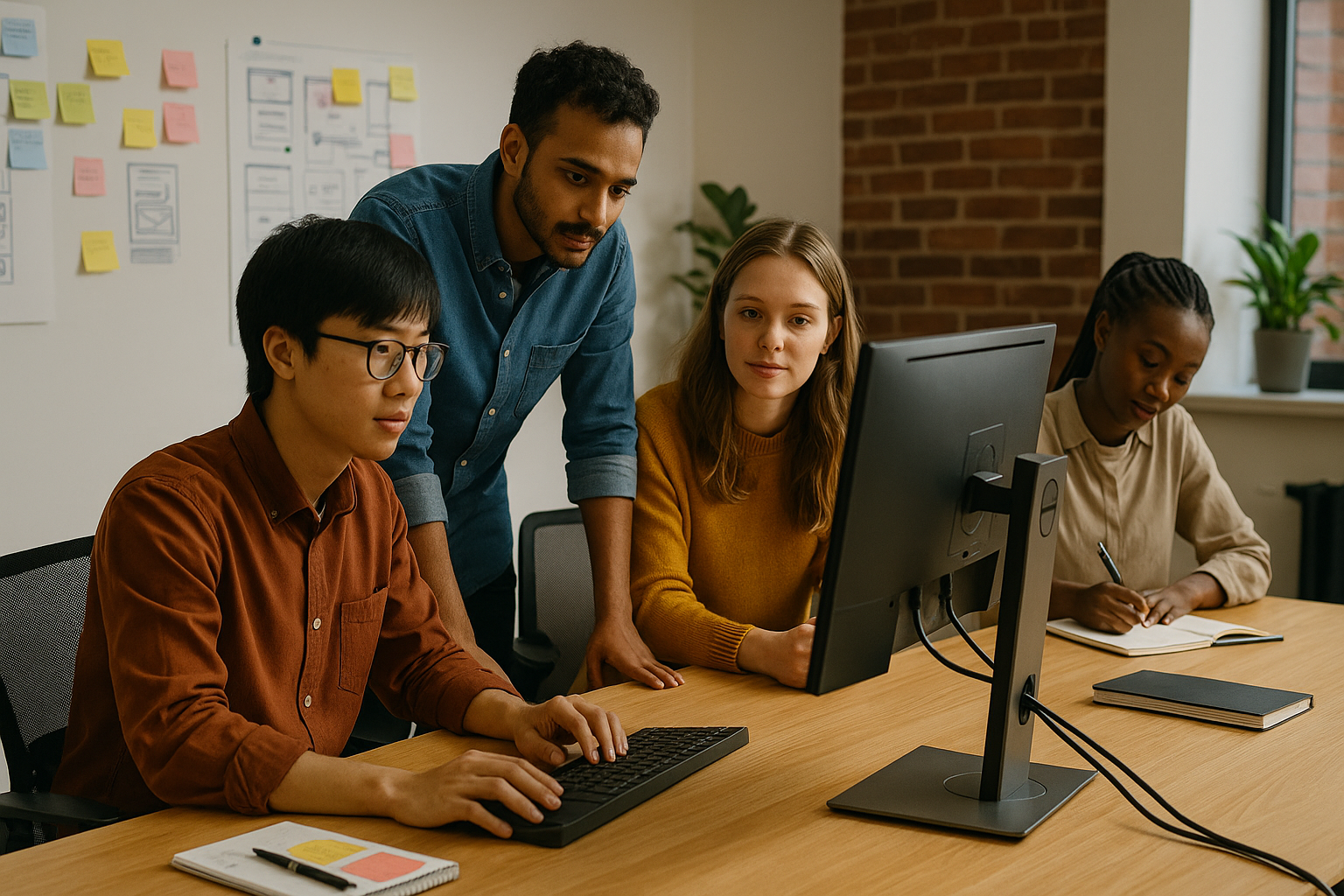 Mahasiswa dan siswa SMK berkolaborasi di studio desain digital modern dengan komputer dan papan ide.